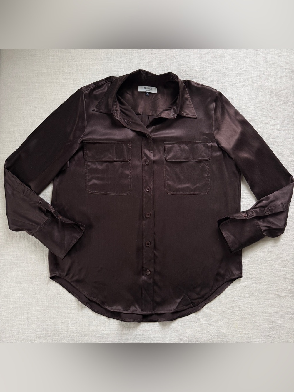 Madewell 100% Silk Brown Button Up Shirt Size S Relaxed Fit Flap Pockets